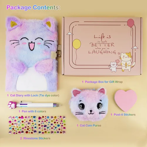 Vista 4 de PJDRLLC Diario de gato con cerradura, regalo para niñas de 6, 7 y 8 años, diario secreto con monedero, bolígrafo multicolor, nota post-it