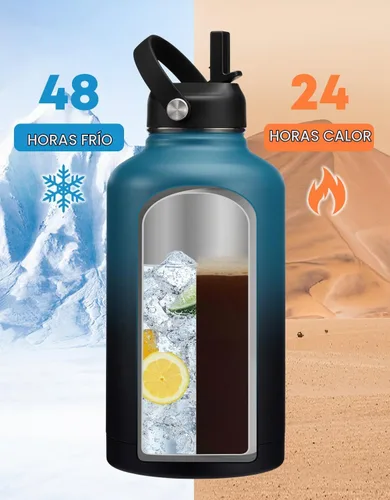 Vista 2 de Botella de agua de medio galón con pajilla, mango de paracaídas, popote y tapa flexible, mantiene el hielo frío-48 horas y caliente-24 horas, jarra
