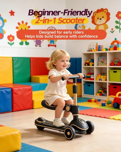 Vista 2 de 2-in-1 Toddler Scooter with Seat, First Scooter for Kids Ages 2–5, Sit-to-Stand Training Scooter, 3 Wheel Lean-to-Steer, Adjustable Handlebars