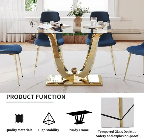 Vista 6 de Mesa de comedor moderna de vidrio de 70 pulgadas para 6-8, mesa de comedor de cristal dorado de lujo con base de acero inoxidable en forma de flores
