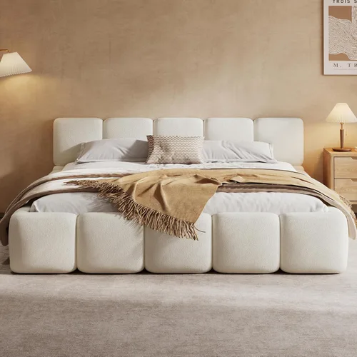 Vista 15 de Christopher Knight Home Hazel - Cama de plataforma tamaño King, cabecero y pie de cama gruesos de lino, camas tapizadas con base sólida