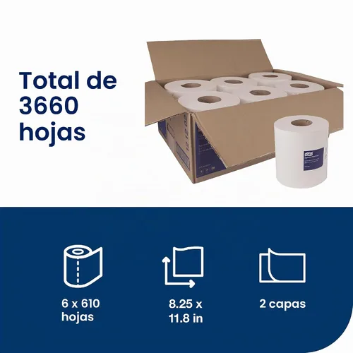 Vista 3 de Tork Centerfeed 121202 - Toalla de papel blanca M2, alta absorción, 6 x 610 hojas, color blanco