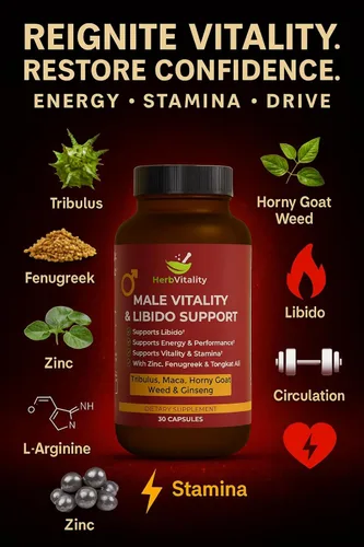 Vista 5 de HerbVitality - Fórmula para libido y vitalidad para hombre, soporte natural de fuerza con tribulus, maca, fenogreco, ginseng y tongkat Ali, 30