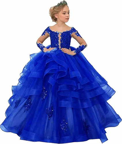 Vista 4 de Vestido de niña de flores de manga larga con apliques de princesa de tul escalonado, vestido de baile para niños, disfraces de fiesta de graduación