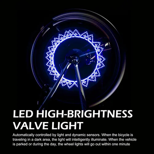 Vista 7 de 2 luces de vástago de válvula de neumático de bicicleta, IP55 impermeables, múltiples patrones de luz intermitente de radios de bicicleta