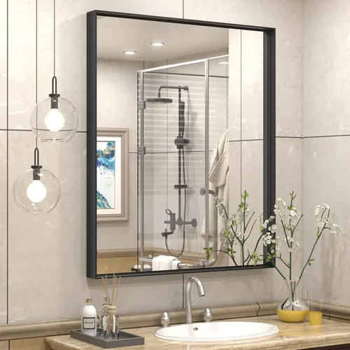 Vista 127 de Paquete de 2 espejos de baño con marco de metal negro de 22 x 30 pulgadas, espejo rectangular redondeado negro mate, antioxidante, se cuelga