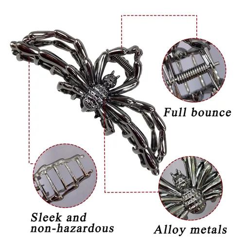 Vista 2 de Pinzas para el cabello grandes y realistas de metal negro con garra de araña, agarre fuerte, antideslizantes, accesorios para el cabello grueso