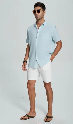 Vista 2 de Camisas casuales de lino con botones de manga corta para hombre, para playa, verano, cuello extendido, con bolsillo