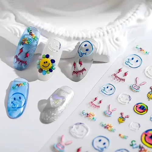 Vista 9 de Dedyel Calcomanías de uñas de sonrisa, lindas calcomanías de uñas de dibujos animados 5D en relieve de cara sonriente, calcomanías de uñas Kawaii