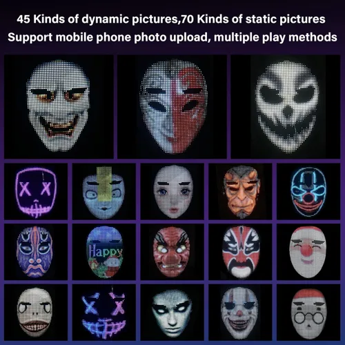 Vista 4 de Máscara de Halloween LED transformadora de cara con Bluetooth programable para disfraces de mascarada cosplay fiesta máscara iluminada
