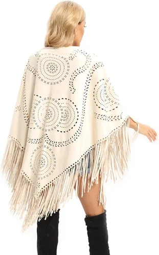 Vista 2 de Datangep Fashion - Bufanda de gamuza sintética para mujer, corte láser, triángulo, estolas, capa con chales de borla