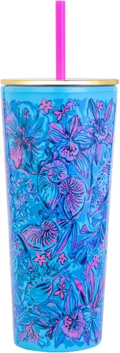 Vista 7 de Lilly Pulitzer Vaso de doble pared con tapa y popote reutilizable, vaso de viaje aislado con capacidad para 24 onzas, cereza amarena