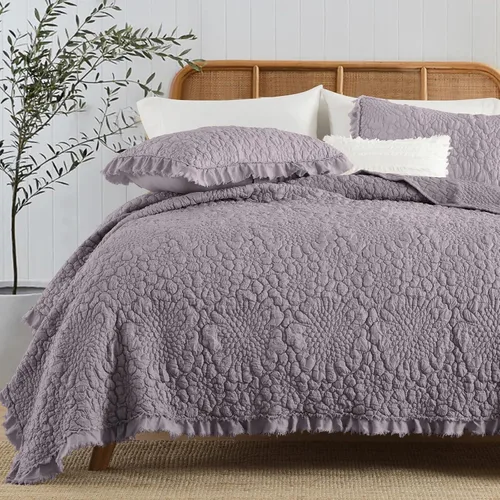 Vista 24 de HORIMOTE HOME Edredón beige con volantes, tamaño individual, microfibra lavada a la piedra, ligera, arrugada, rústica, desgastada, elegante, 2