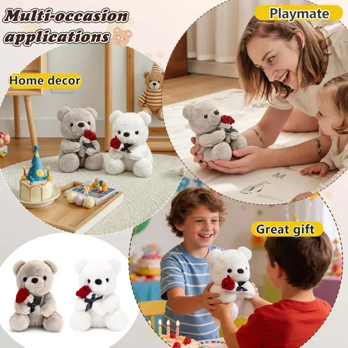 Vista 6 de HWD Oso de peluche de 9.8 pulgadas con rosa, muñeca de felpa suave, juguetes de peluche, regalos para ella/novia, amante, mamá, niños pequeños (gris)