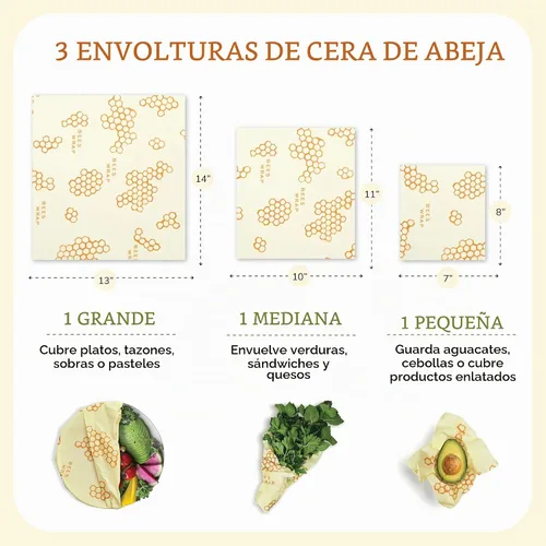 Vista 2 de Bee's Wrap, paquete variado de 3 envoltorios ecológicos y reutilizables para transportar comida Paquete de 3 panales