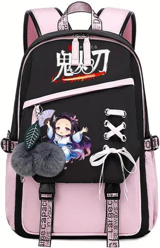 Vista 10 de Linda mochila escolar para niñas y niños, mochila escolar para estudiantes de primaria media, mochila escolar Kawaii con colgante (rosa)