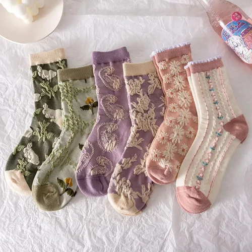 Vista 4 de Juego de 6 pares de calcetines de algodón transpirables de punto floral para mujeres y niñas