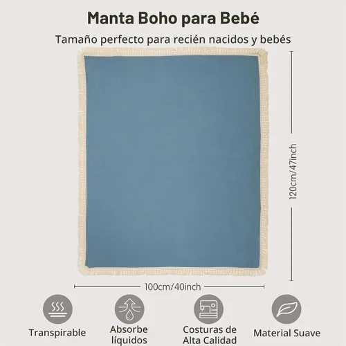 Vista 5 de Manta de muselina de algodón insular para bebé con borla, manta de muselina boho bohemia para bebé con borla, manta de recepción para bebé