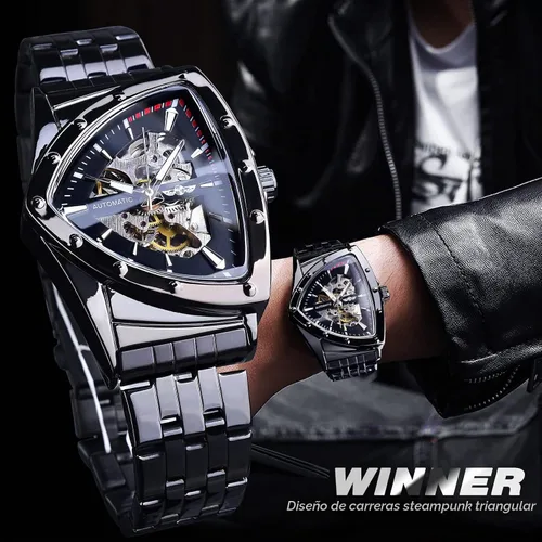Vista 9 de FORSINING Triangle Skeleton Reloj mecánico automático para hombre, de lujo, dorado, negro, acero inoxidable, impermeable, luminoso, reloj de pulsera