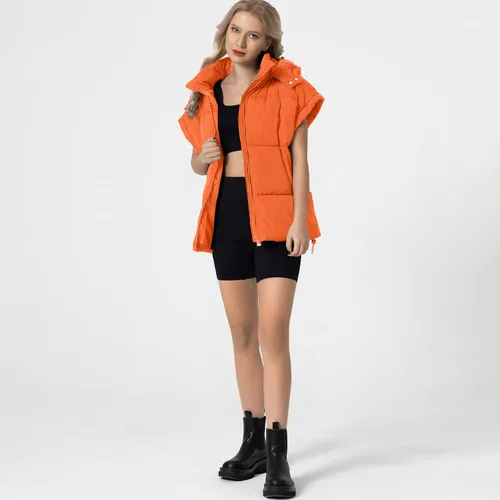 Vista 14 de Shiyifa Chaleco acolchado para mujer, chaqueta de gran tamaño, sin mangas, ligera, con cremallera, con capucha desmontable