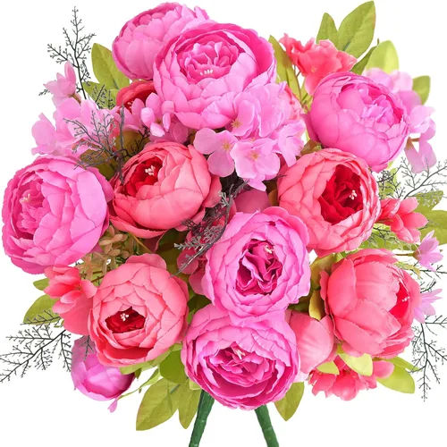 Vista 10 de Ramo de peonías artificiales – Juego de 2 tallos de flores de seda sintética – Ramos listos para el estilo para bodas, decoración del hogar, eventos