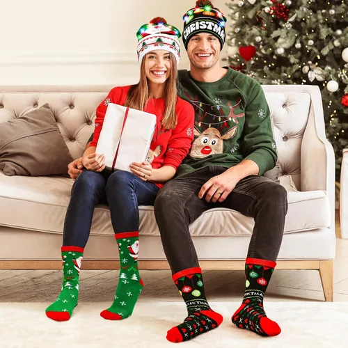 Vista 6 de MGparty Gorro de Navidad con luz LED, gorro de punto con calcetines de tripulación, regalos de fiesta de Navidad para adultos y niños