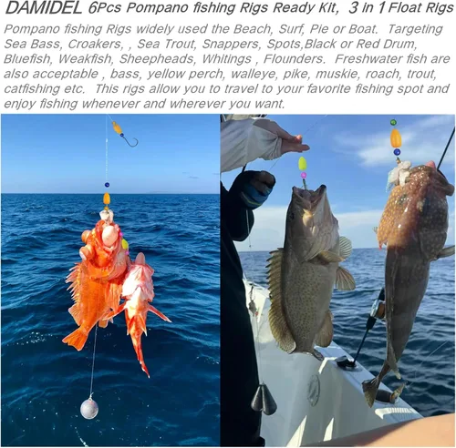Vista 4 de 6Pcs Pompano Fishing Rigs Ready Kit，3 in 1 Float Rigs with Triple 3/0 Circle Hook for Surf Fishing，（12/0） Fishing line / 50in length/50lbTension in