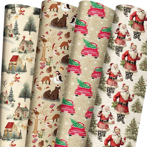 Vista 14 de ZINTBIAL Papel de regalo de Navidad para niños y adultos, papel de regalo de Navidad con cuadros rojos/negros, renos, gnomos, palabras "Ho Ho", 28 x