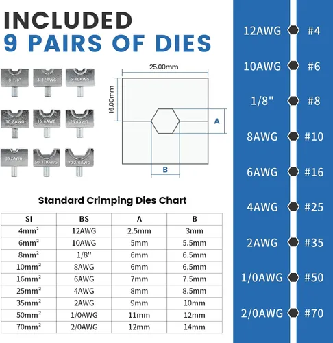 Vista 2 de Herramienta de Crimpado Hidráulico de 10 Toneladas - Kit de Crimpado de Cables de Batería y Terminales de 12 AWG a 2/0 AWG con 9 Pares de Troqueles
