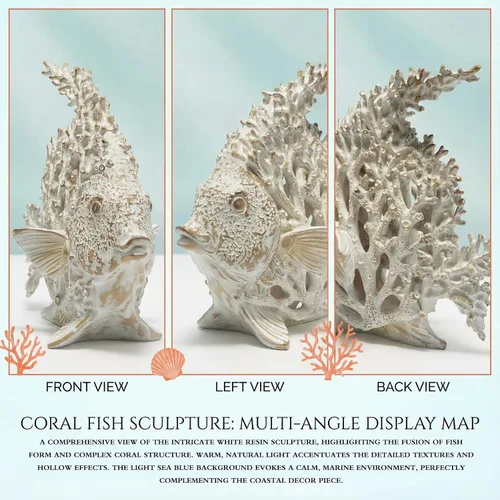 Vista 6 de Estatua de pez ángel de arrecife de coral blanco, decoración costera de playa, figura náutica del océano para baño, hogar, oficina, estante de mesa