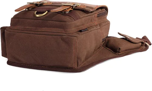 Vista 5 de Bolso de mensajero de lona vintage para hombre, bolso de mensajero de retazos de cuero en el pecho