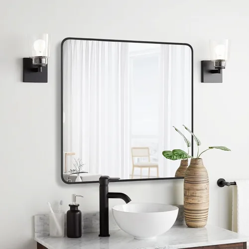 Vista 2 de Espejo rectangular de baño de 30 x 30 pulgadas con marco de metal negro, espejo rectangular de esquina redondeada para pared, moderno y grande