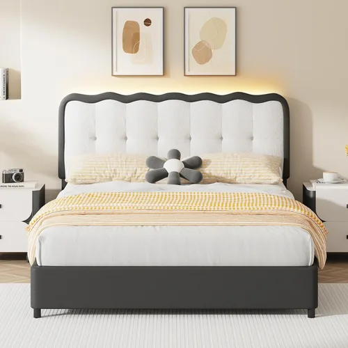Vista 7 de BarnFurin Base de cama individual, cama de plataforma tapizada con cabecera de nube, marco de cama moderno con diseño suave anticolisión, no Negro