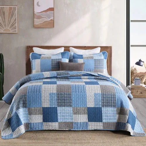 Vista 14 de Finlonte Edredones Tamaño Queen - Juego de Edredón Queen de Algodón 100% a Cuadros, Juego de Ropa de Cama de Granja Moderna, Colcha Reversible