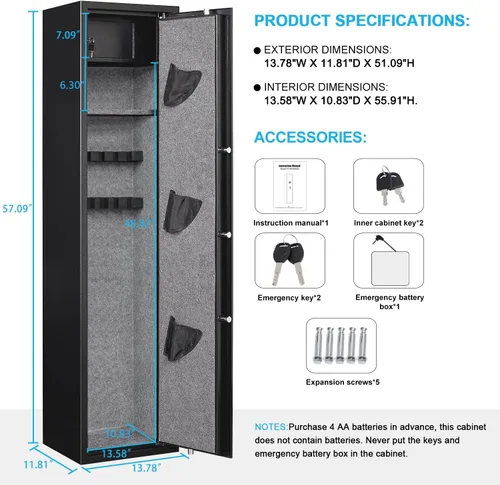 Vista 6 de Caja fuerte para pistola de huellas dactilares, acceso rápido 4-5 Rifles Safe Biométrico Long Gun Safes, Armarios de pistola para rifles y pistolas