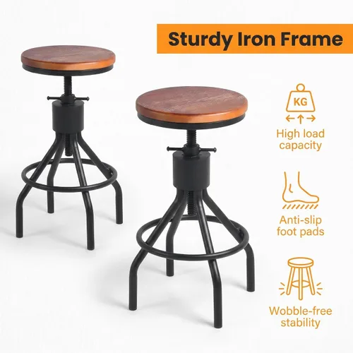 Vista 7 de Juego de 2 taburetes de bar industriales, taburete giratorio de altura ajustable con asiento de madera maciza, silla de bar con marco de hierro
