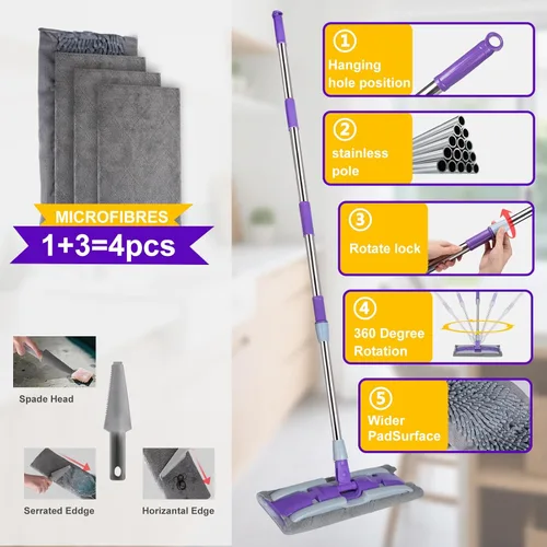 Vista 4 de Trapeadores de microfibra para limpieza de suelos, trapeador plano en seco y húmedo con mango telescópico de acero inoxidable, 4 almohadillas