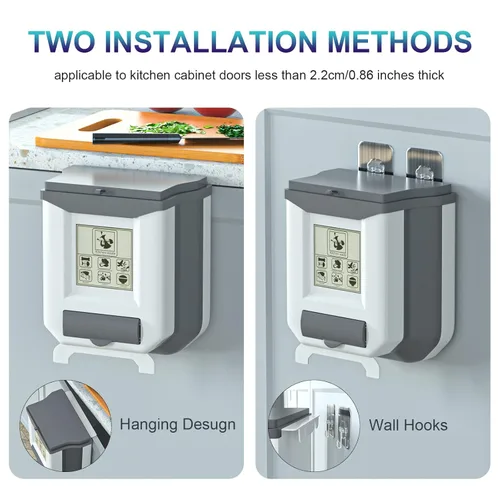 Vista 2 de HI NINGER Bote de basura pequeño con tapa, blanco grisáceo, 2.4 galones, plegable, sello de olor, cubo de compost de cocina, colgante, portátil