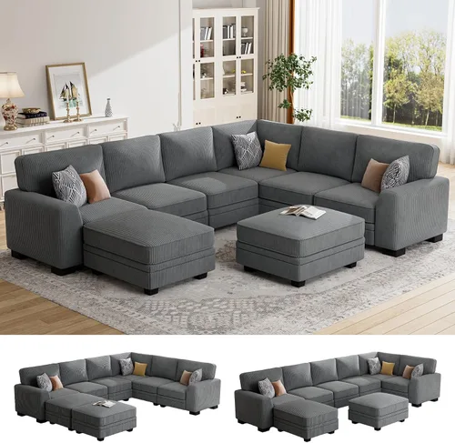 Vista 25 de Legend Vansen Sofá modular de gran tamaño, sofá reversible en forma de U con otomana, sofá de pana de asiento profundo para sala de estar, 6 plazas