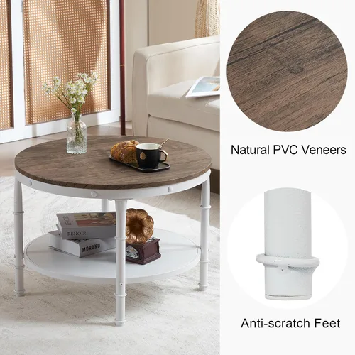 Vista 3 de VINGLI - Mesa de café de granja redonda de nogal oscuro y blanco de 25.6", mesa de centro con 2 estantes de almacenamiento para sala de estar