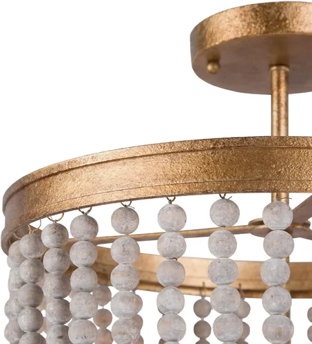 Vista 7 de Lámpara de techo con cuentas de madera, estilo bohemio, semiempotrada, lámpara de techo de 3 luces doradas para dormitorio, pasillo, cocina