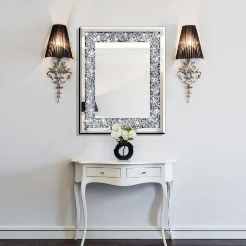 Vista 5 de QMDECOR Espejo de Pared Decorativo Rectangular Brillante para Decoración del Hogar con Decoración de Diamante Crush de Cristal Plateado