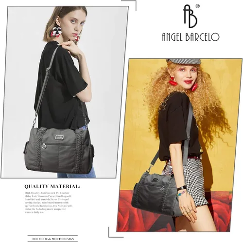 Vista 247 de Angel Barcelo - Bolsa de hombro amplia para mujer, diseño Hobo, cuero lavado
