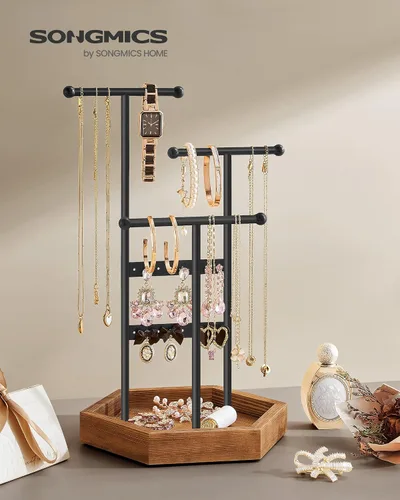 Vista 2 de SONGMICS Paquete de 2 soportes de joyería, organizador de joyas, soporte de exhibición de joyas con marco de metal y bandeja de terciopelo, soporte