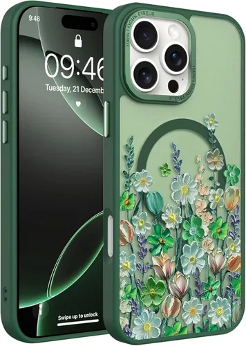Vista 93 de Magnético para iPhone 13 con protector de pantalla [Compatible con MagSafe] Diseño de patrón floral de flores bonitas, funda delgada a prueba