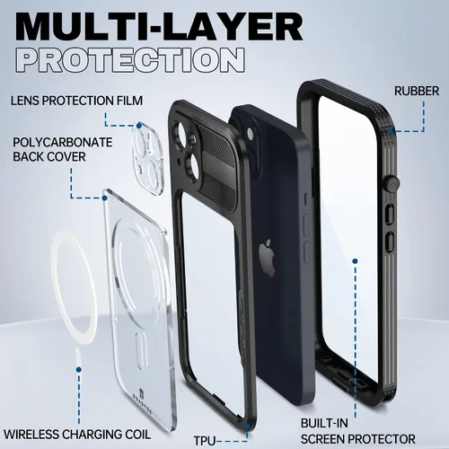 Vista 6 de BEASTEK Funda impermeable para iPhone 14 Serie SRE IP68 magnética a prueba de golpes con protector de pantalla integrado y funda protectora MagSafe