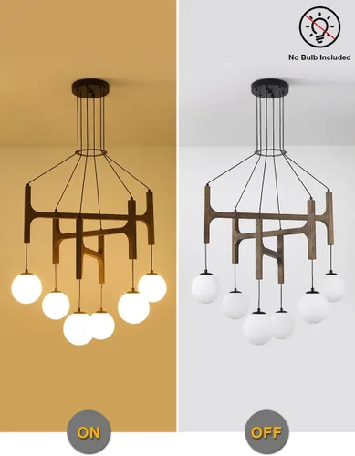 Vista 5 de Gran lámpara de araña de granja de madera negra, accesorios de iluminación rústicos de 6 luces para comedor sobre mesa colgante, lámpara de araña