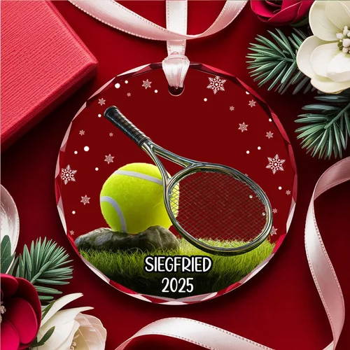 Vista 4 de NAZENTI Adorno de Navidad personalizado de vidrio 3D de tenis 2026, adorno personalizado para jugador de tenis con nombre y año, decoración de árbol