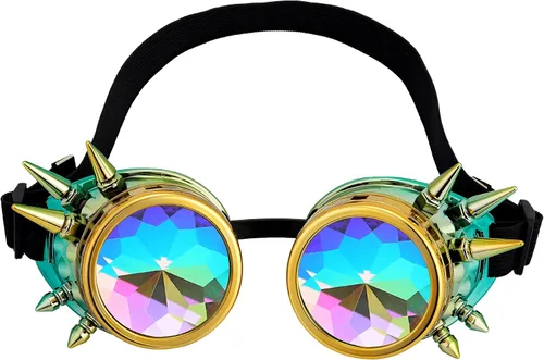 Vista 104 de Gafas de caleidoscopio retro con pinchos, gafas de cristal arcoíris steampunk estilo soldadura, gafas de cosplay punk