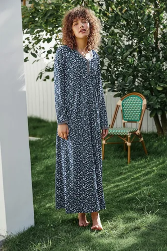 Vista 4 de Ekouaer - Camisón de manga larga para mujer, estilo informal con botones, Henley, vestido de dormir largo
